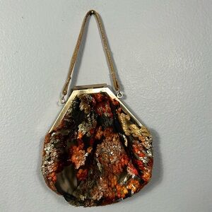 Moo Roo Vintage Gold Black Red Mesh Floral Cocktail Evening Bag